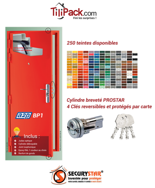 Porte blindée A2P BP1, Securystar L'Exclusif, Serrure 3 points haut et bas, isolation acoustique